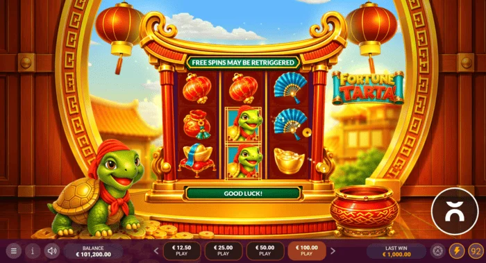 Fortune Tarta – екран на играта с барабани и костенурка